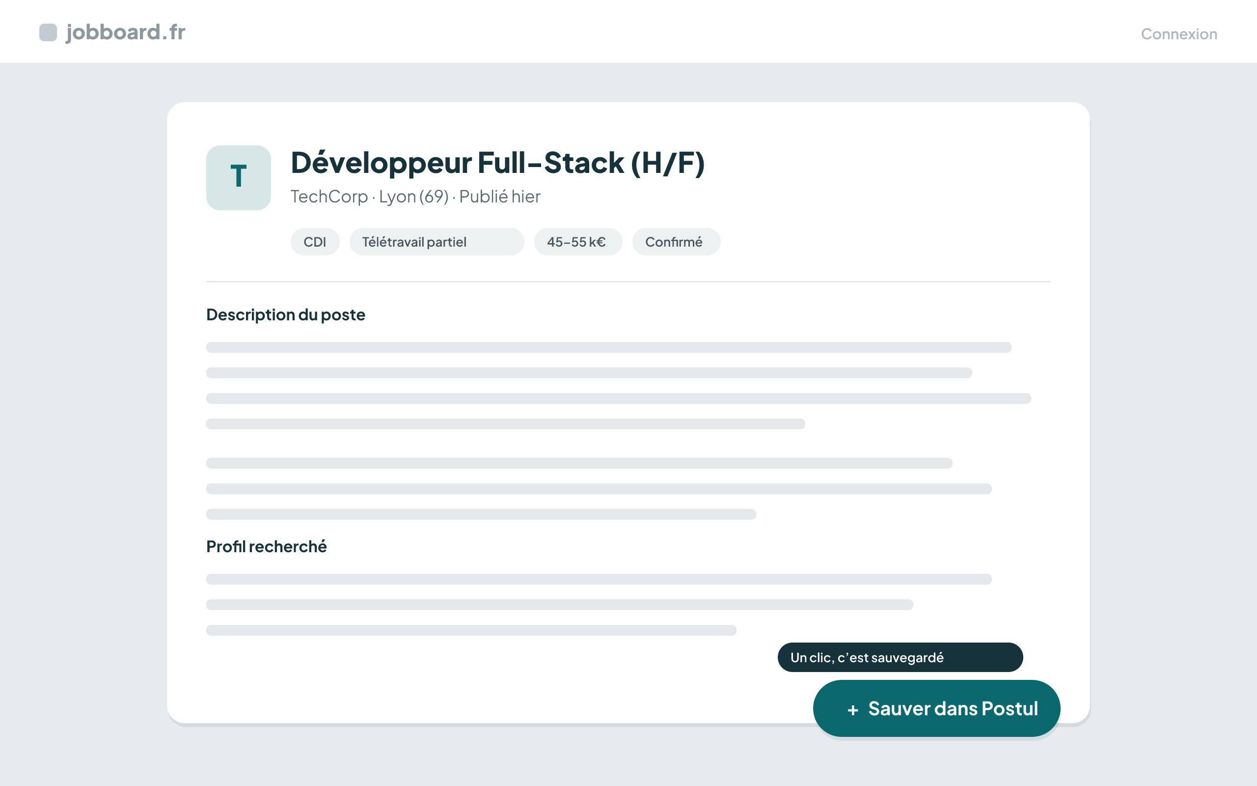 Une offre d'emploi avec le bouton flottant « + Sauver dans Postul » en bas à droite de la page