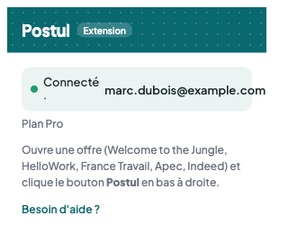 Popup de l'extension Postul connectée à un compte (Plan Pro)