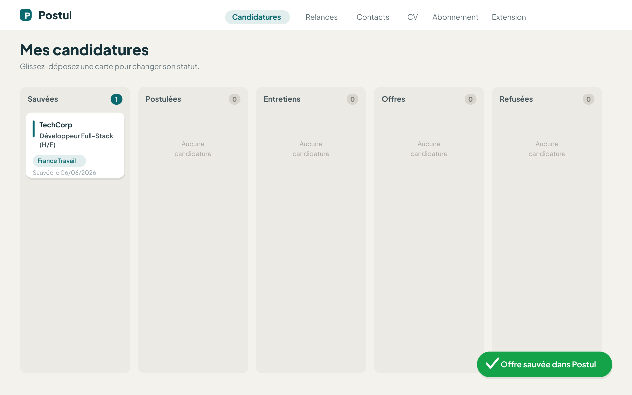 Le kanban Postul « Mes candidatures » : l'offre vient d'être ajoutée dans la colonne Sauvées, avec la confirmation « Offre sauvée dans Postul »