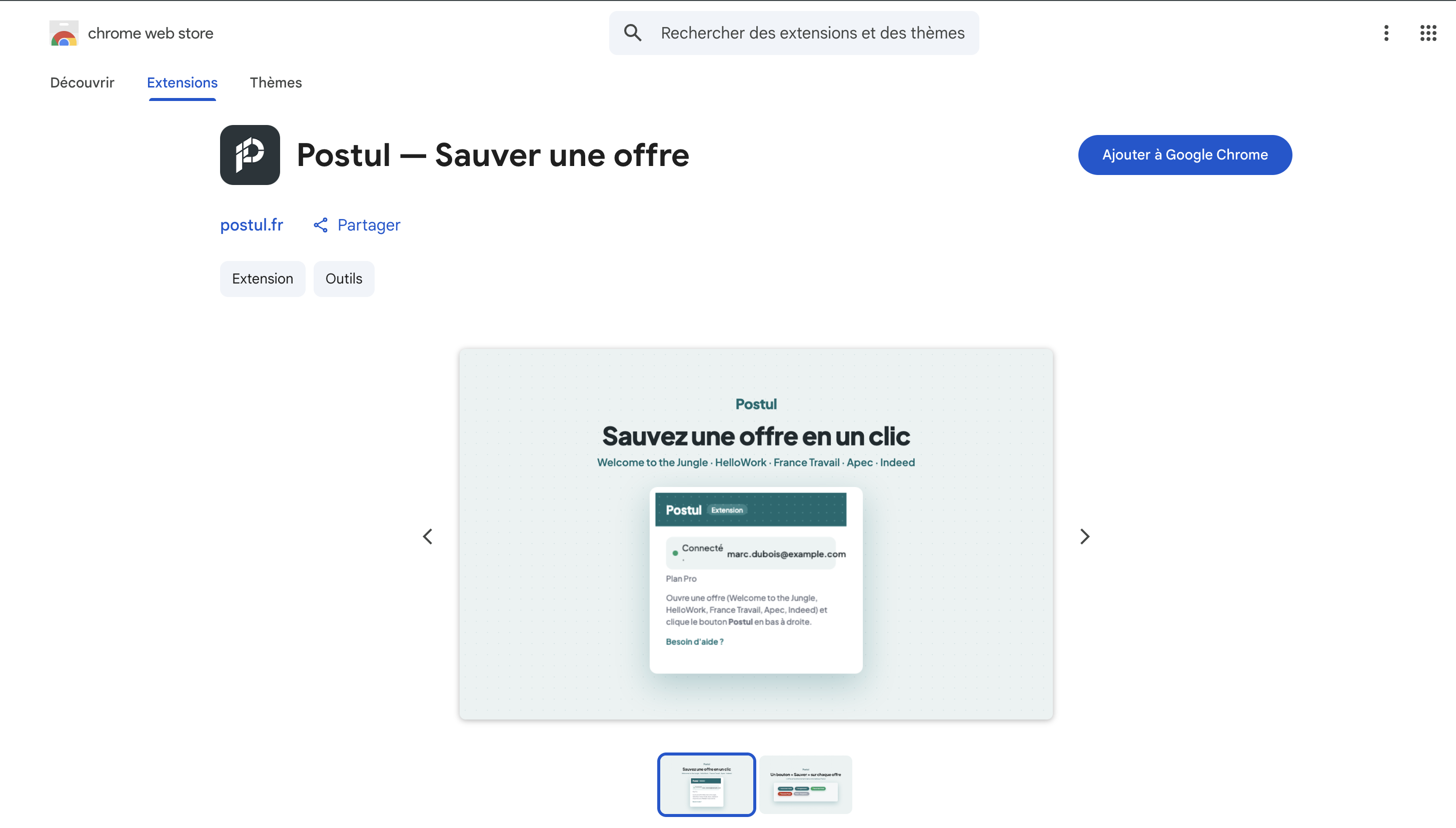 Fiche Chrome Web Store de l'extension Postul avec le bouton « Ajouter à Google Chrome »